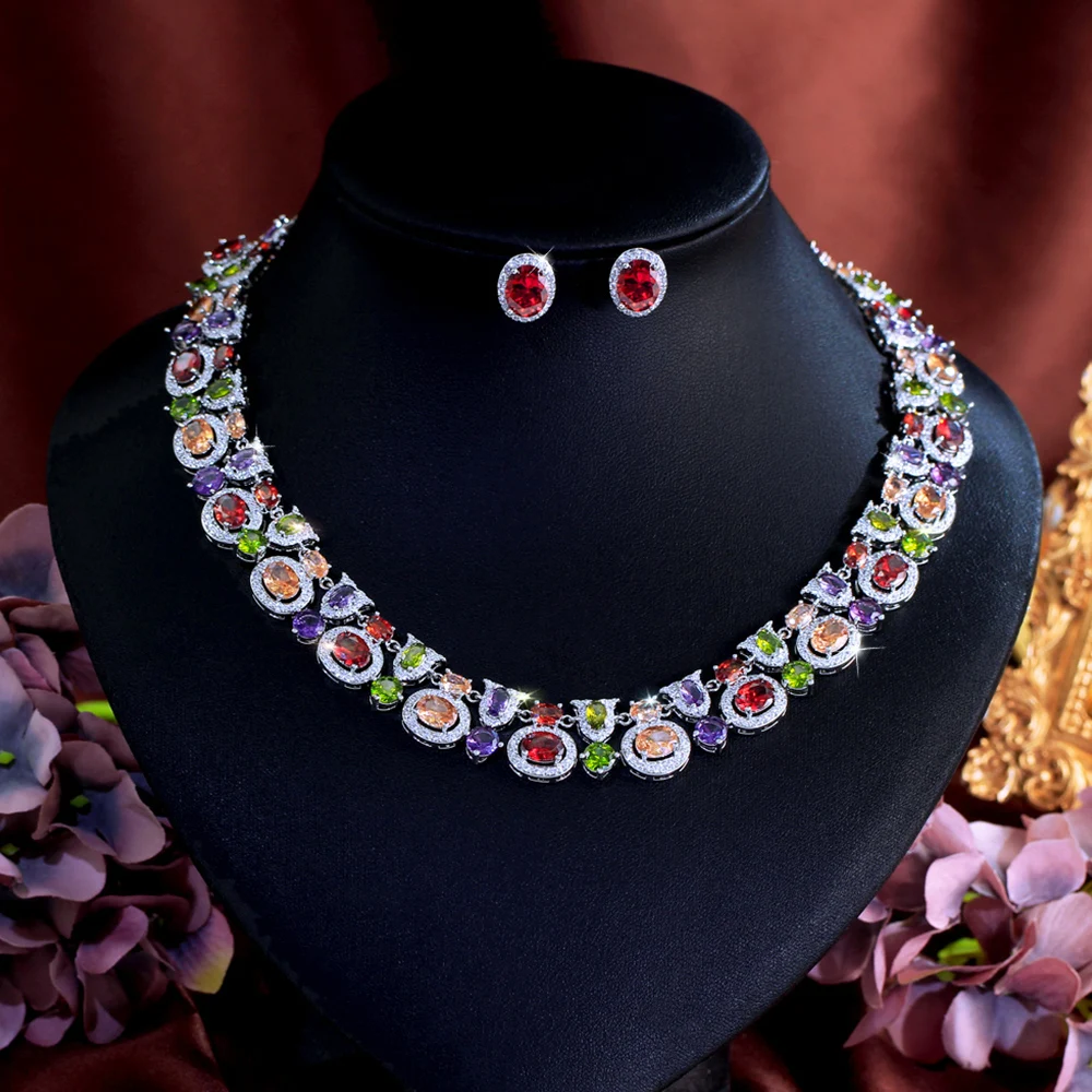 CWWZircons Luxuriöses Geometrisches Mehrfarbiges Zirkon-Ohrringe-Halsketten-Set für Frauen Boho Party Hochzeit Kostümschmuck Großhandel T0983 – Detail 7