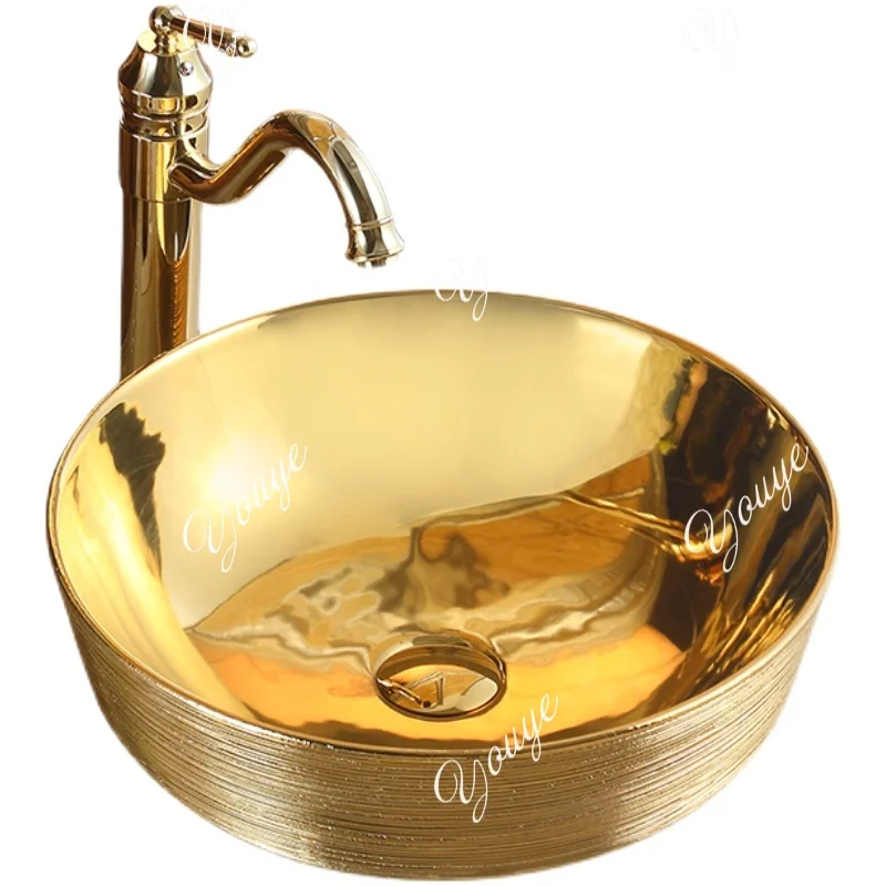 Okrągła ceramiczna umywalka w kolorze złotym, umywalka artystyczna, europejska umywalka łazienkowa, nowoczesna umywalka.