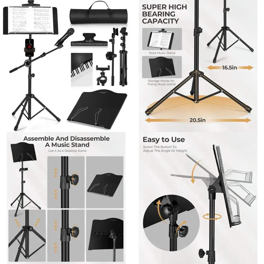 

Portable Lightweight Music Stand with Detachable Microphone Stand and Sheet Holder for Sheet Music and Instrumental Performances