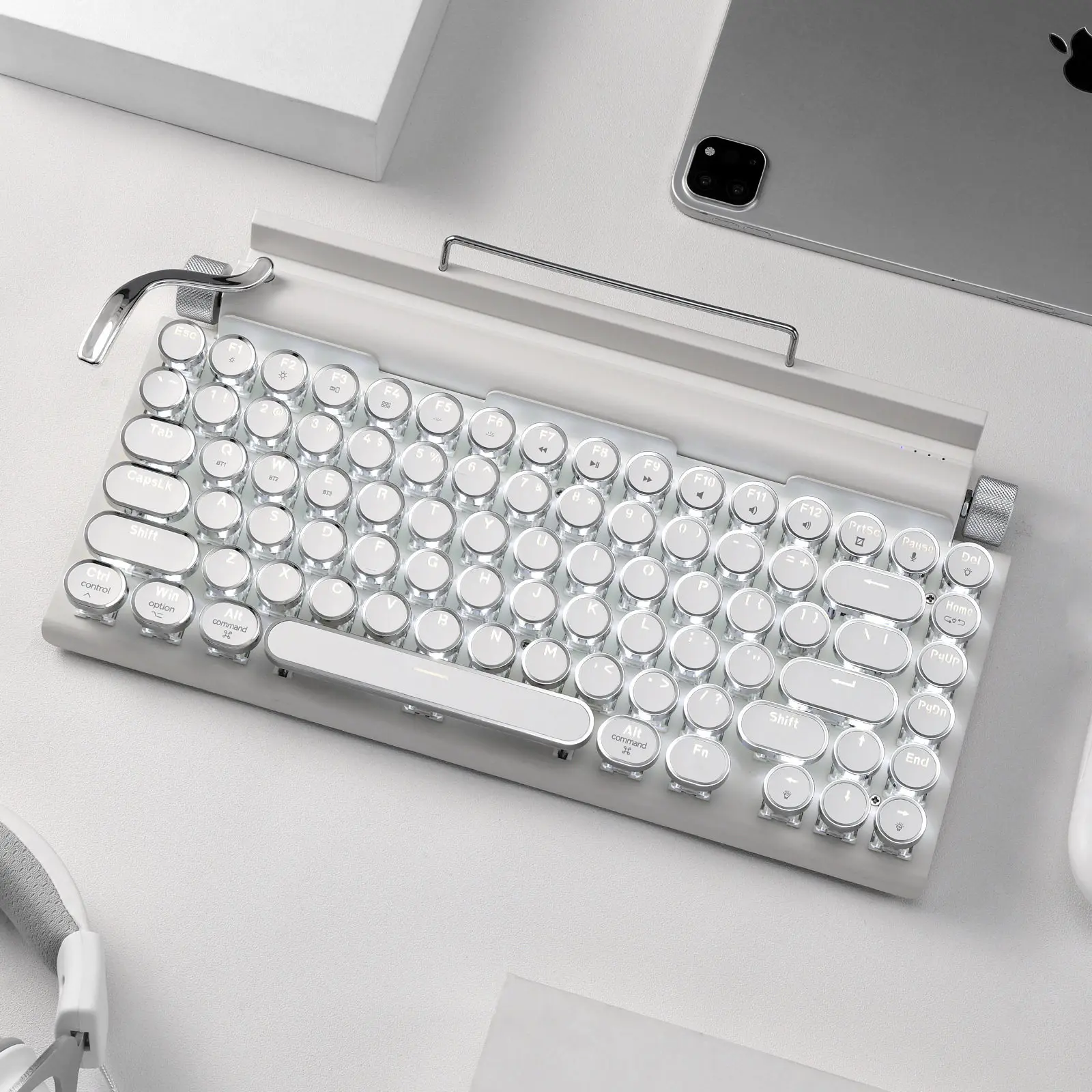 Retro Typewriter Bluetooth Keyboard Silver White Steam Punk Dot Green Switches White Backlight Wireless Mechanical Keyboard