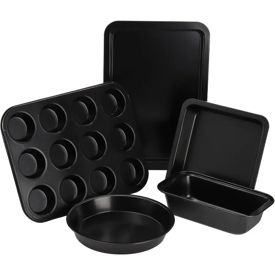 

5 Pack Nonstick Bakeware Set for Home Baking Enthusiasts: Includes Cookie Sheet Loaf Pan Square Pan Round Cake Pan and 12Cup Mu