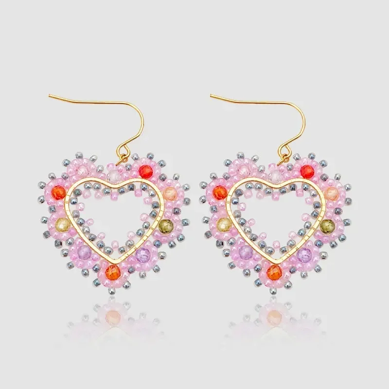 

Beaded earrings Natural stone Heart Originality Crystal Hand knitting Bohemia lace Alloy Female Tide Simple Rice bead earrings