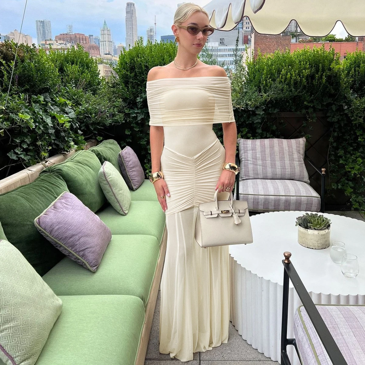 

Summer Women's Sexy One-Shoulder Tube Top Pleated Mesh Splicing See-Through Dress Tight Hip-Hugging Fashion Lady Banquet Dress