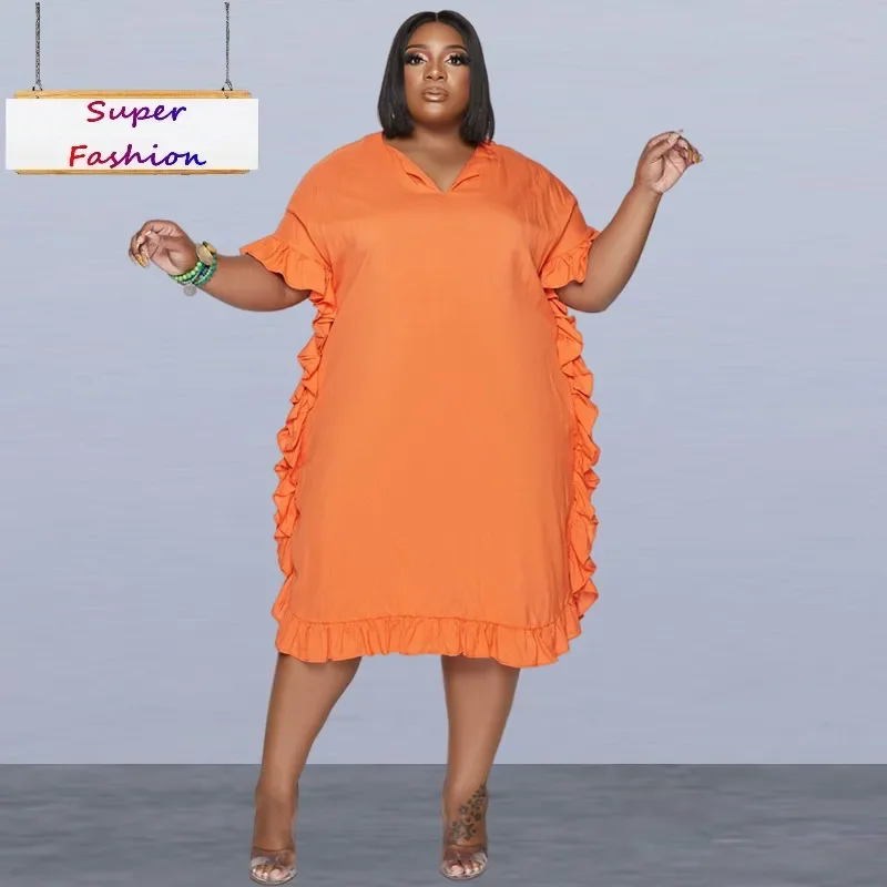 

WSFEC Plus Size Women's Summer Short Sleeve Dress Solid Color Ruffle Hem Knee-Length Casual Wholesale Dropshipping L-4X 2025