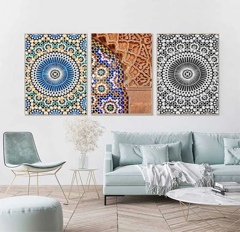 Mosque Blue Door Nordic Poster Morocco Building Wall Art Canvas Painting Religion School Wall Picture for Living Room Home De