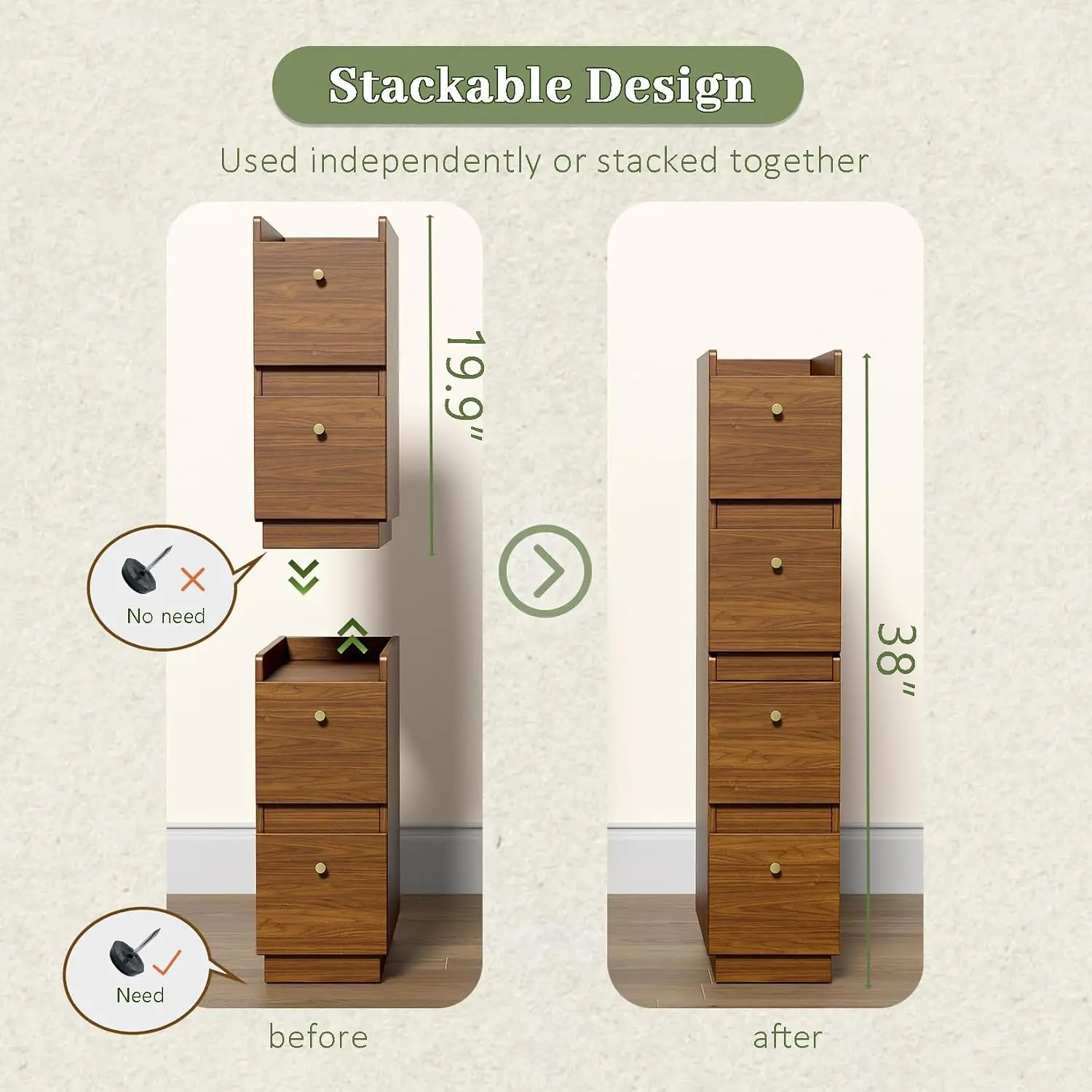 Narrow Night Stands, Modern Slim Nightstand Set of 2, Wooden Skinny Bedside Table 2 Drawers, Stackable Narrow Side, Customized