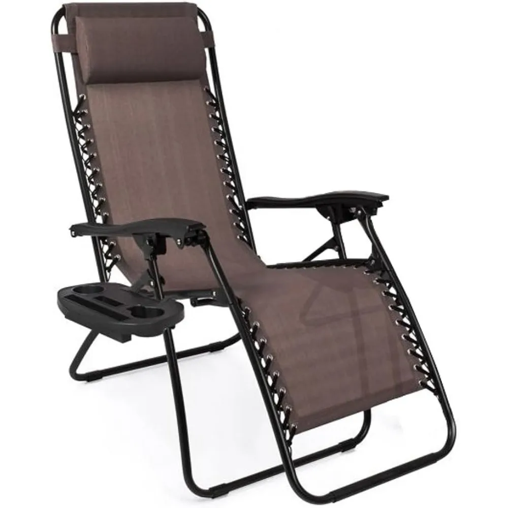 Outdoor Adjustable Reclining Zero Gravity Lounge Chair with Pillow and Cup Holder, Suitable for Pool, Beach, and Camping