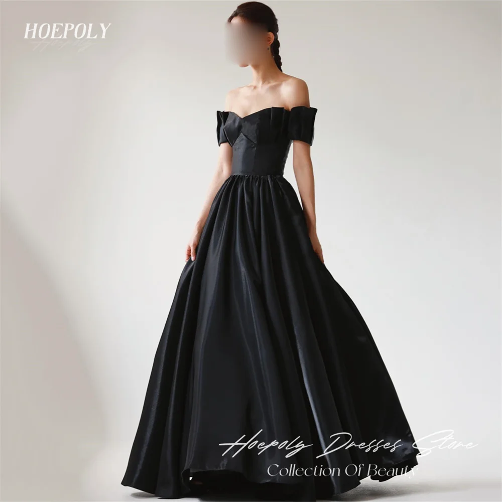 Hoepoly Formal Black Strapless Off The Shoulder Pleat Long A Line Evening Gown Floor Length Classy Fashion Prom Dress 프롬드레스