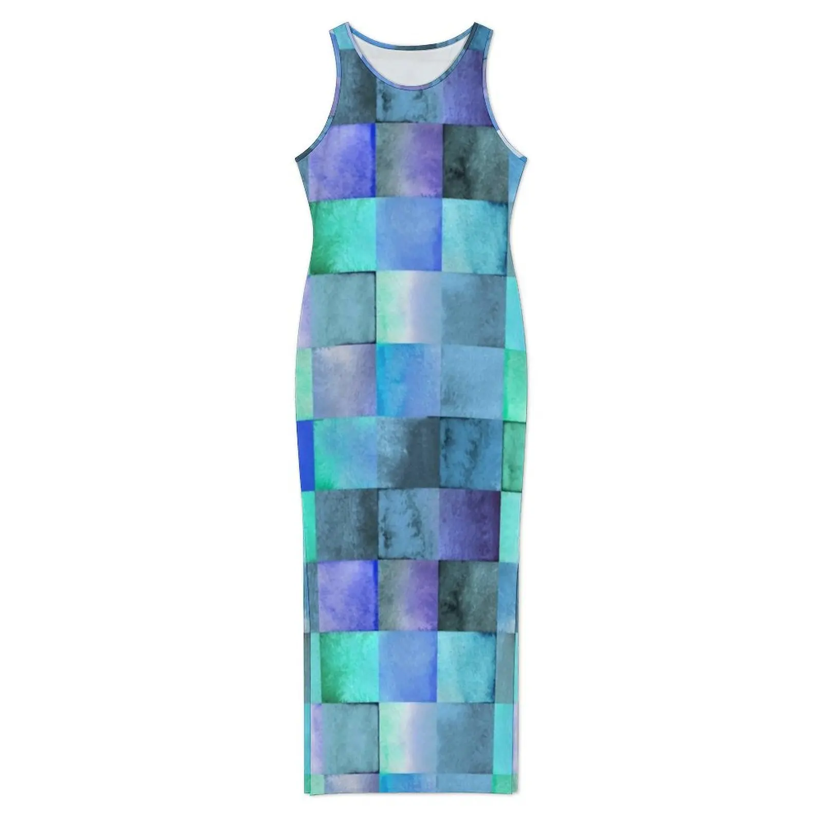 Colorful Geometry Dress Sleeveless Watercolor Square Street Style Maxi Dresses Sexy Bodycon Dress Women Graphic Big Size Vestido