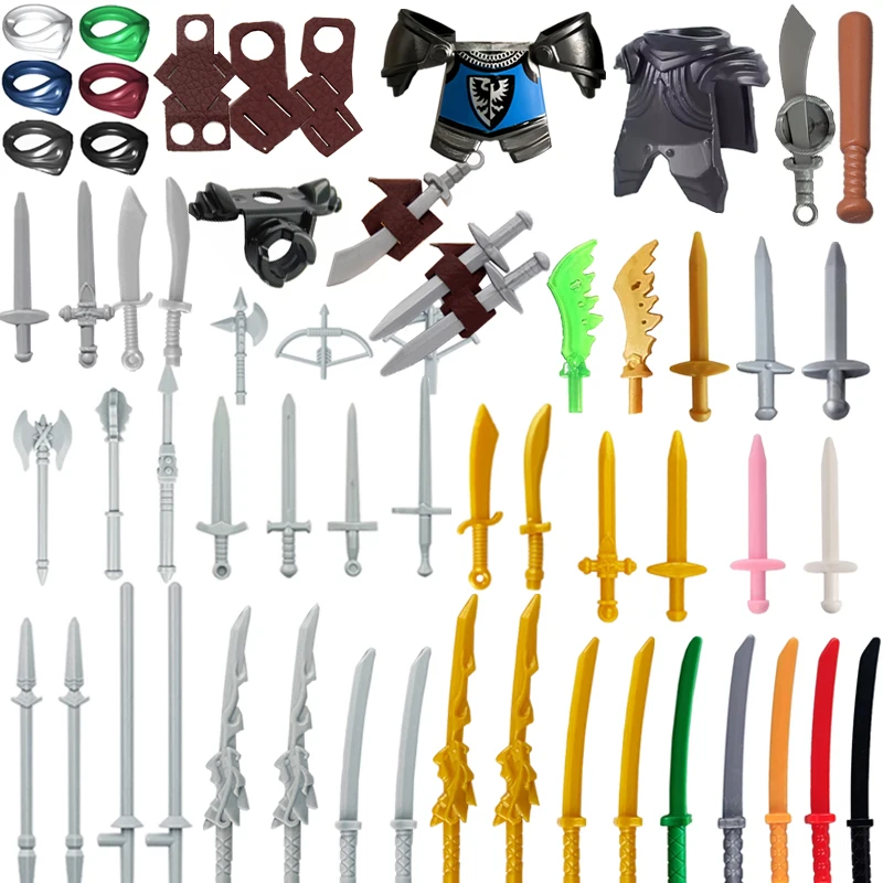 MOC Mittelalterliche Militär Waffen Bausteine Ritter Soldat Figuren Zubehör Schwert Speer Scheide Dreizack Mini Ziegel Spielzeug Junge