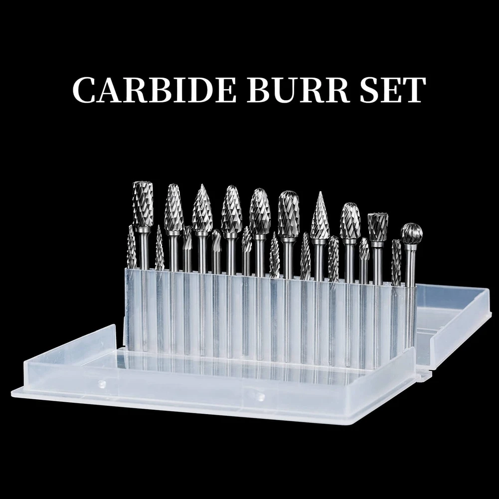

A06R Double Cut Carbide Rotary Burr Set 20Pcs Die Grinder Bits 1/8 inch Shank Tungsten Carbide Cutting Burrs for Wood Working