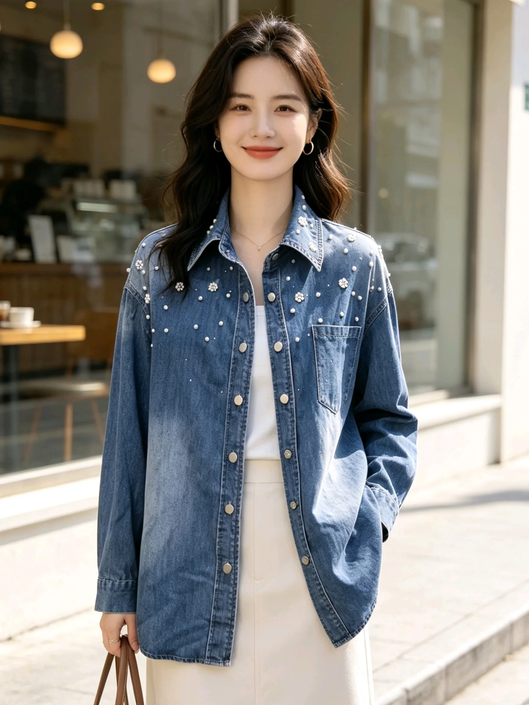 Heavyweight Pearl Embedded Denim Shirt Women's Spring Autumn Loose Collar Long Sleeve High-End Feeling Versatile Outerwear
