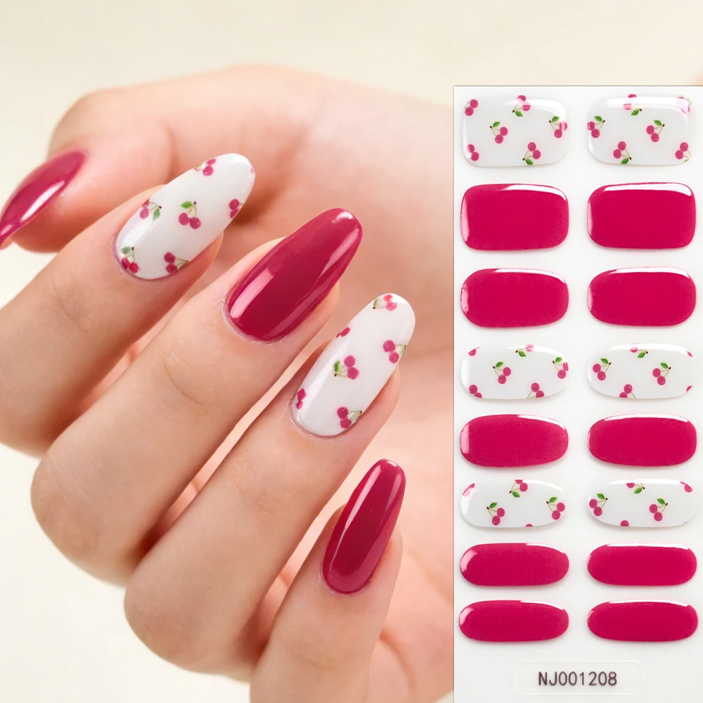16Tips Cherry & Daisy Print Semi Cured Nail Wraps Pink Red Cherry & Checkerboard Gel Nail Stickers Self Adhesive Gel Nail Strips