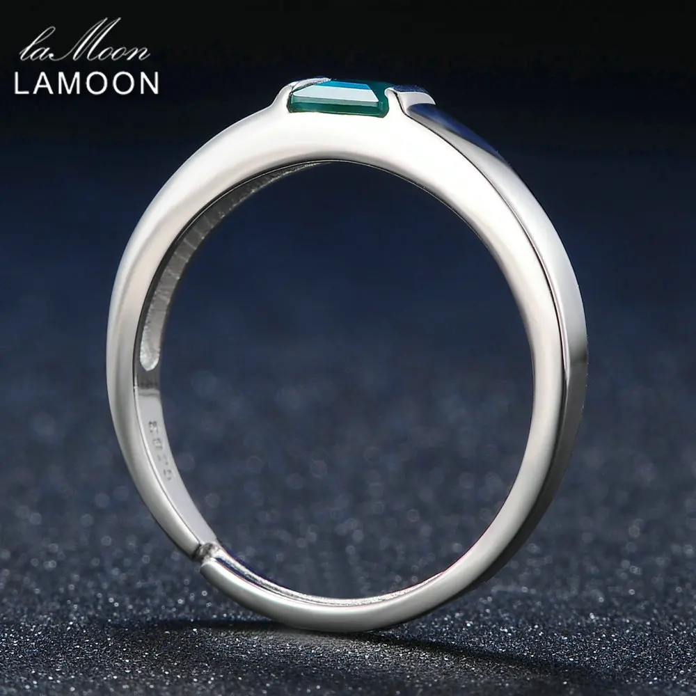 LAMOON S925 Ring For Women Pricess cut Green Agate Chalcedony 925 Sterling Silver 18K White Gold Plated Fine Jewelry LMRI006