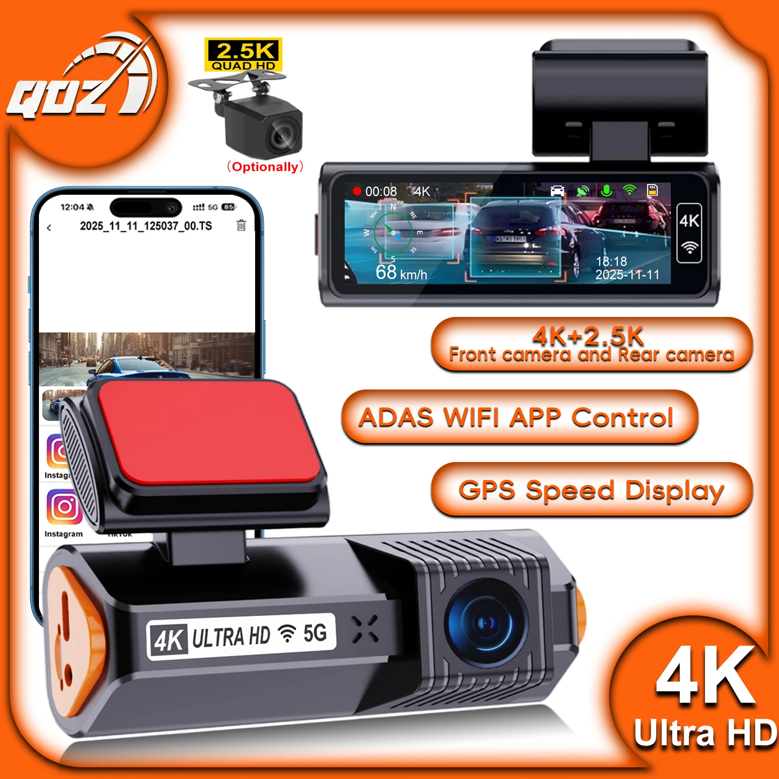 

Видеорегистратор QOZ 4K Mini с камерой заднего вида 2.5K, поддержка двух объективов, встроенный Wi-Fi, управление через приложение, круглосуточная запись, WDR, ночное видение, GPS