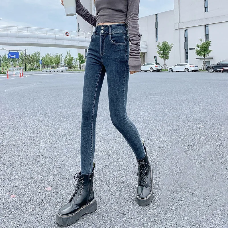 Korean Version Slim-fit High-waisted Jeans, Women's Spring New Double-buckle Stretch Small Leg Pants, Close-fitting Pencil Pants