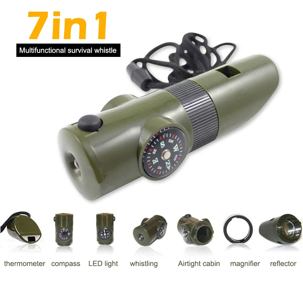 

7in1 Emergency Survival Whistle Compass Multifunction Tool Magnifier Flashlight Storage Container Thermometer for Camping Hiking