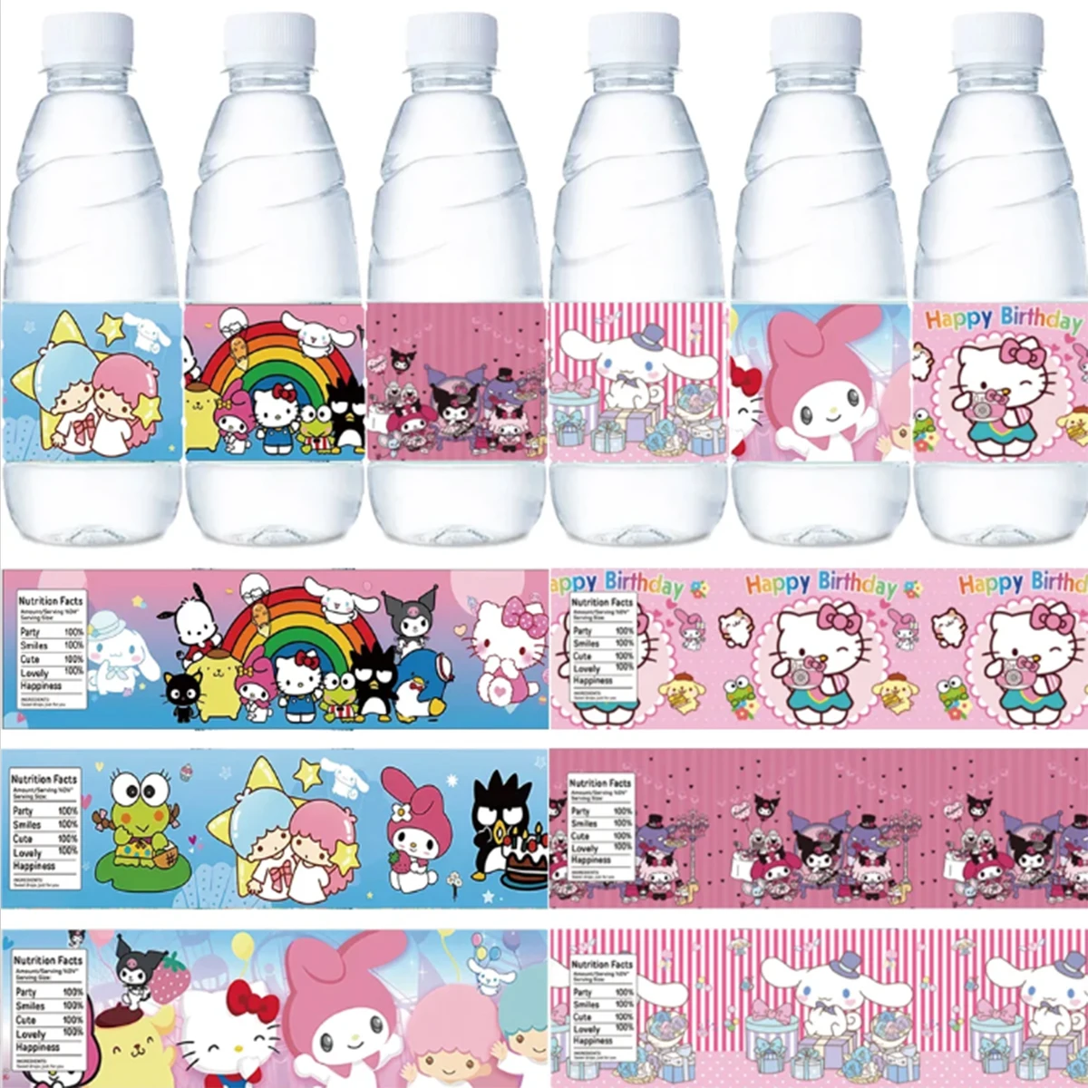 

10/20/30PCS Hello Kitty Water Bottle Label Birthday Decoration Kuromii Cinna-moroll Waterproof Sticker Girls DIY Party Supplies