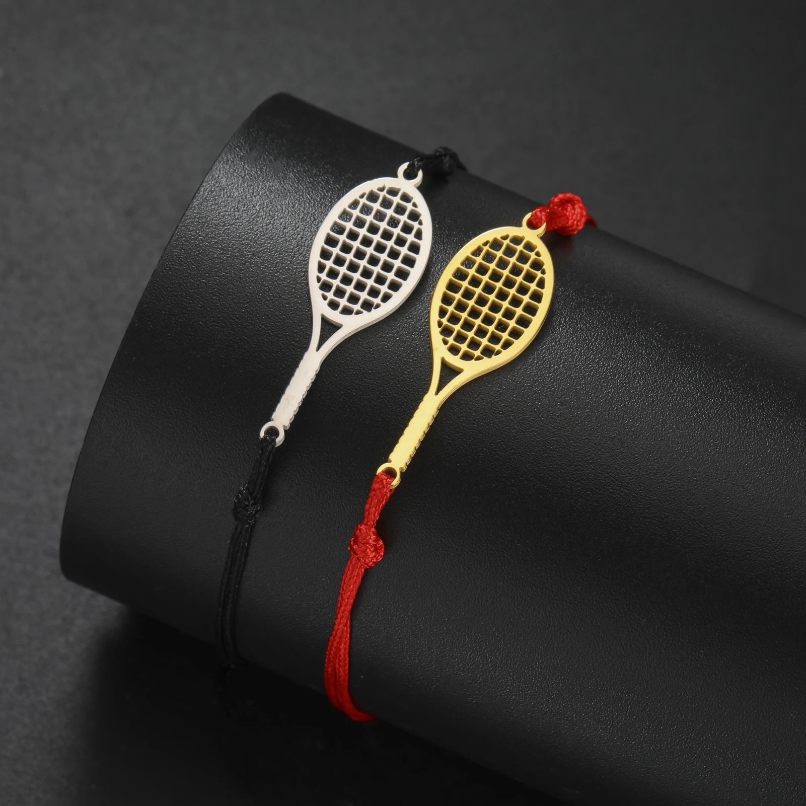 Dreamtimes Tennis Badminton Racket Bracelets Hand Braided Lucky Black Red Rope Sport Stainless Steel Pendant Charm Jewelry Gift