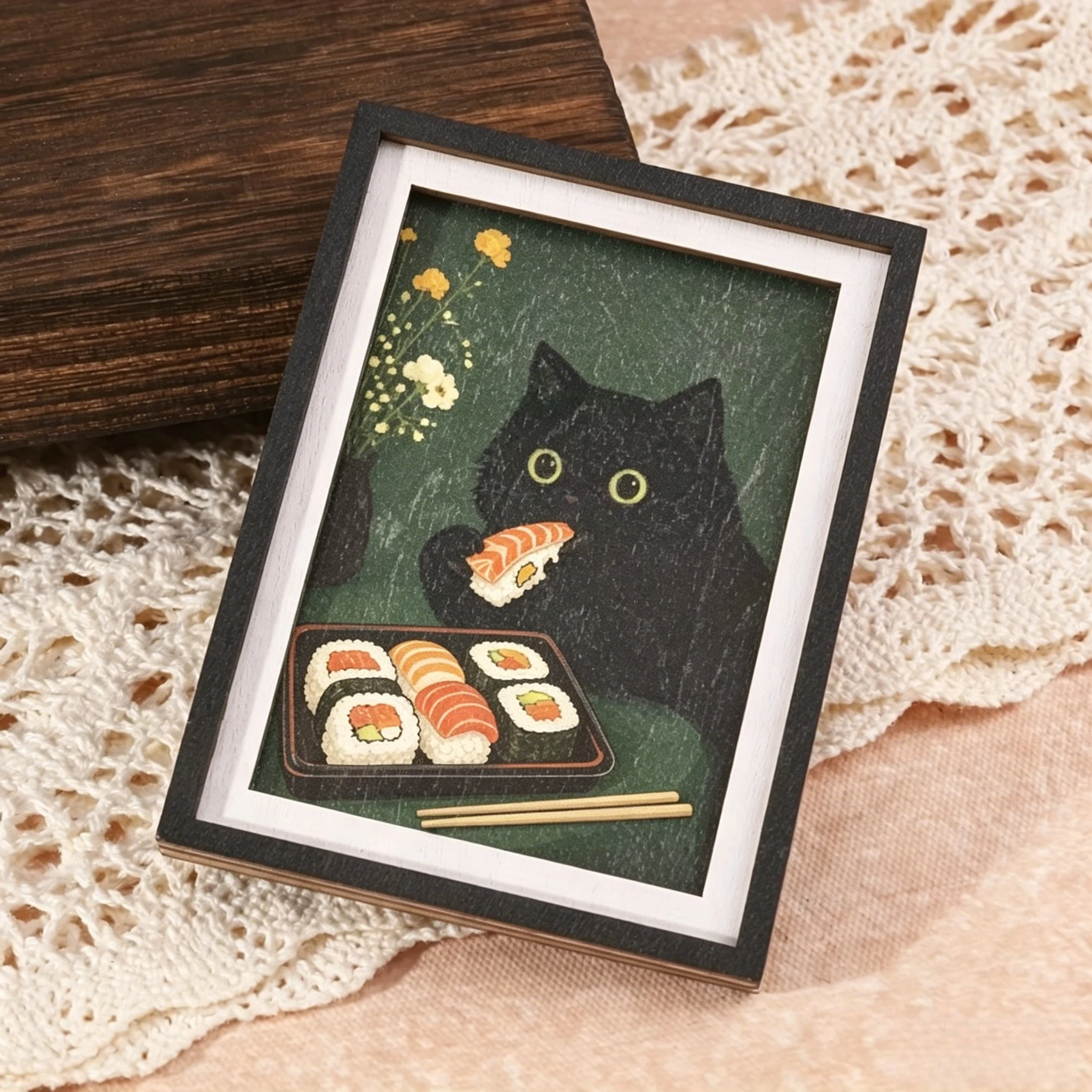 Vintage Holzrahmen-Kühlschrankmagnet, Niedliche Schwarze Katze beim Sushi-Genuss, Kühlschrank-Deko für Küche, Zuhause & Geschenk für Katzenliebhaber – Detail 4
