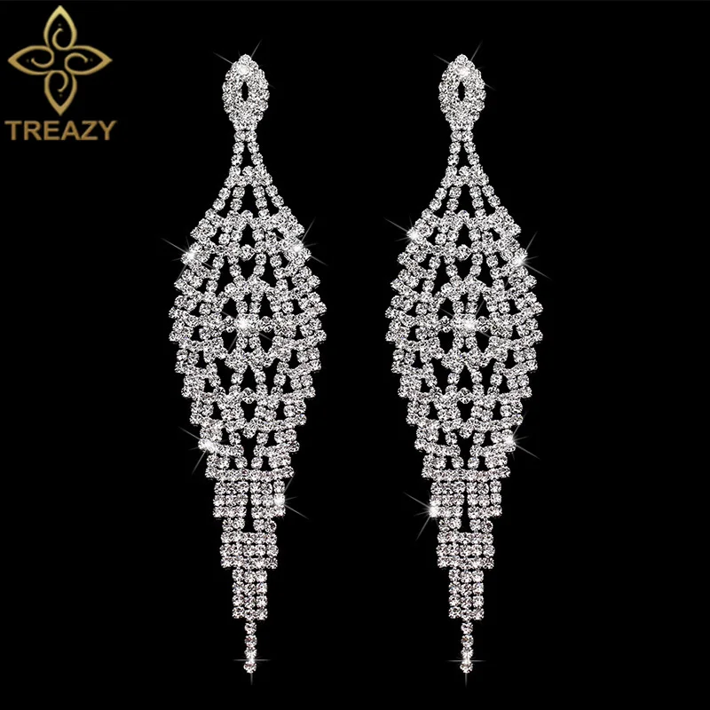 TREAZY Luxury Rhinestone Big Statement Earrings for Women Hollow Leaf Shape Crystal Long Drop Earrings Hanging Wedding Jewelry