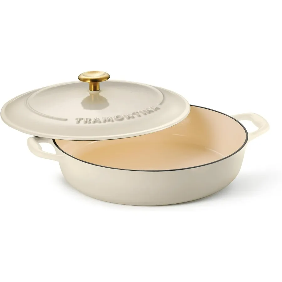 

Bestow Enameled Cast Iron Braiser Pan with Lid 4quart Latte with Gold Knob