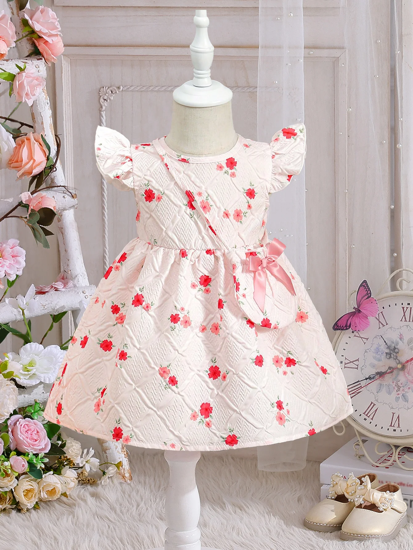 

Летнее милое милое платье принцессы с развевающимися рукавами и сумкой через плечо — подарок на день Святого Валентина и день рождения для маленьких девочек