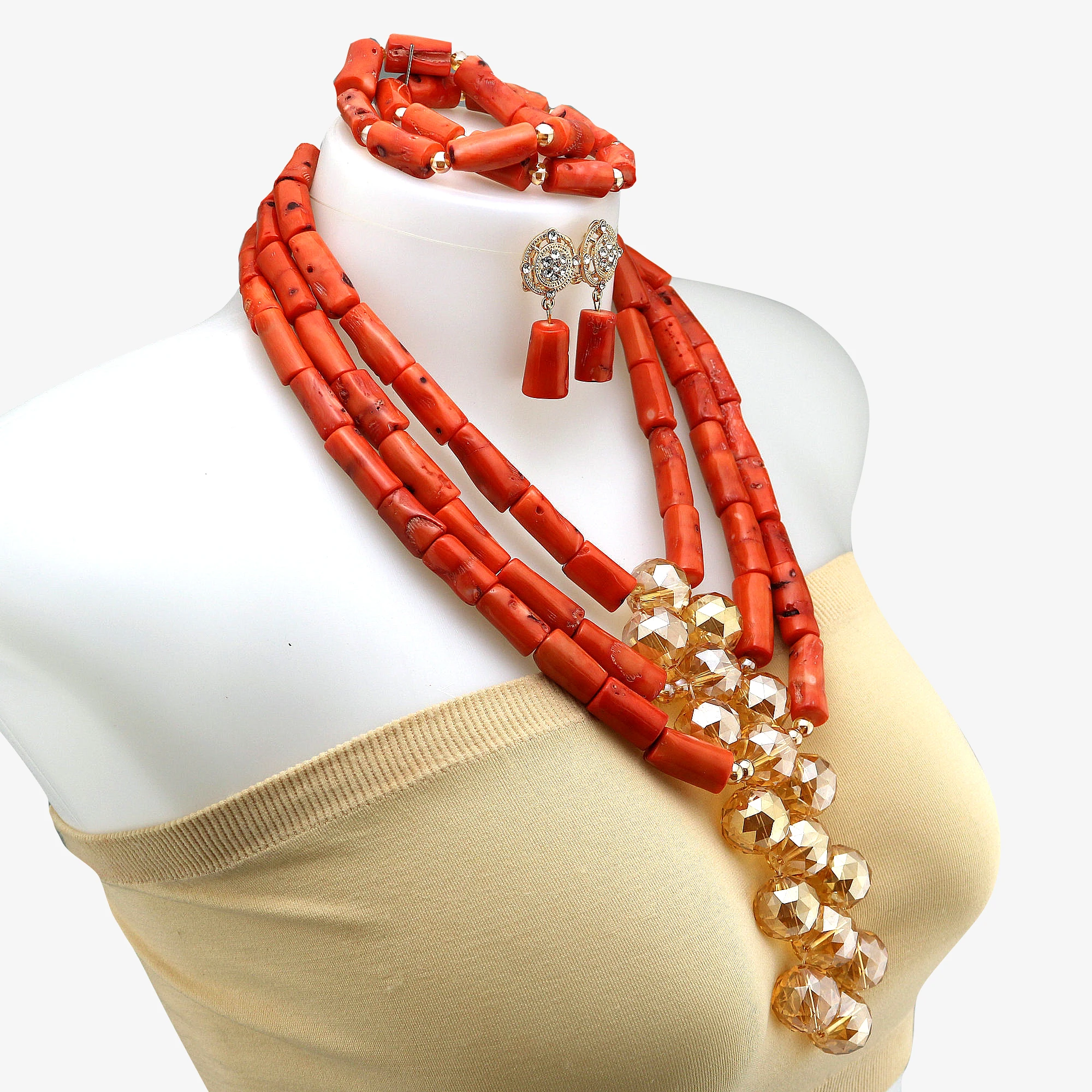 

Natural Coral Bead Bridal Jewelry Sets Nigerian Wedding African Real Coral Jewelry set Necklace Bracelet Earrings Jewelry