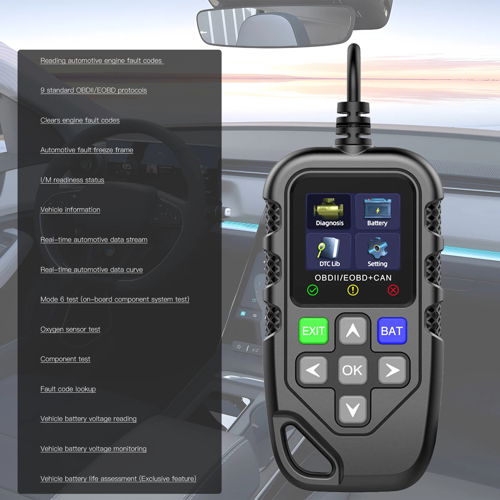 Car Diagnostic Tool OBD2 Scanner Escaner Automotriz Read & Clear Codes Check Engine Light Smog Check I/M Readiness DTC Lookup