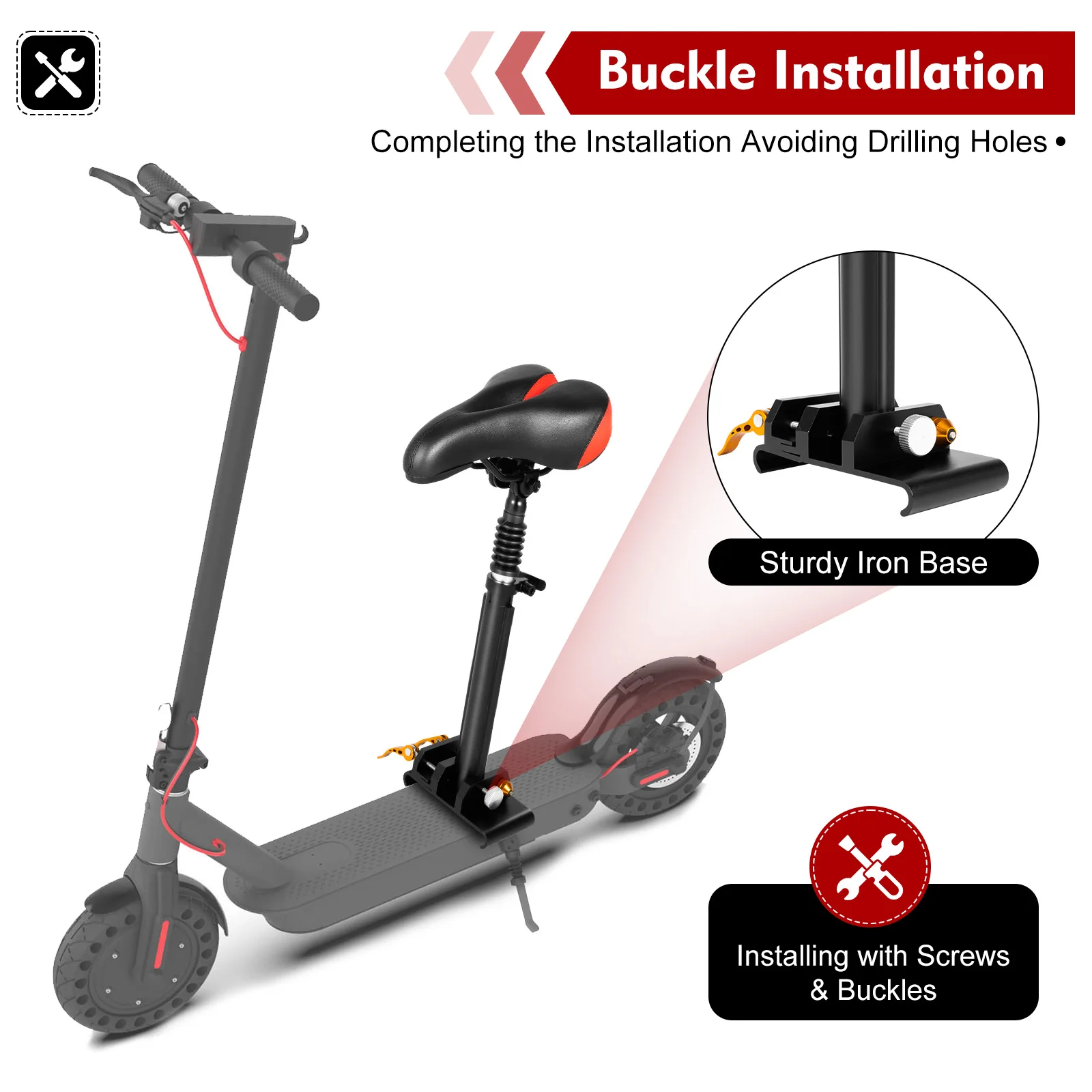 Adjustable Comfortable & Shock Absorbing Seat Saddle Black and red Buckle Installation Electric Scooter Seat Saddle