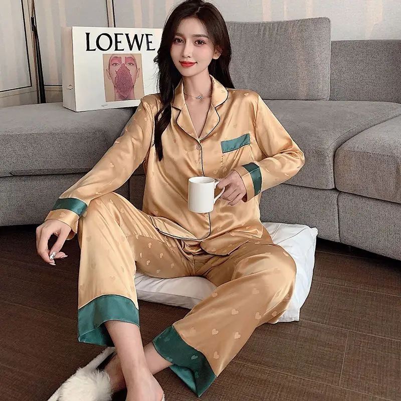2024 New Women Pajamas Spring High-End Ice Silk Thin Long Sleeve Luxury Nightclothes Suit Female Temperament Leisure Homewear
