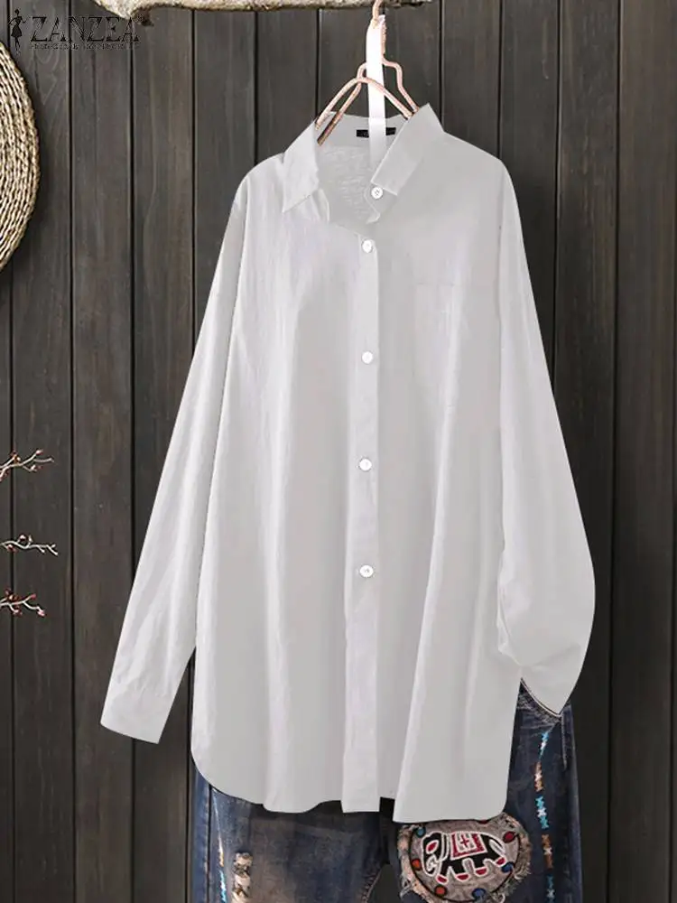 ZANZEA Women Fahion Cotton Shirt 2023 Summer Long Sleeve Vintage Tunic Top Solid Color Elegant Blouse Casual Irrgular Hem Blusas