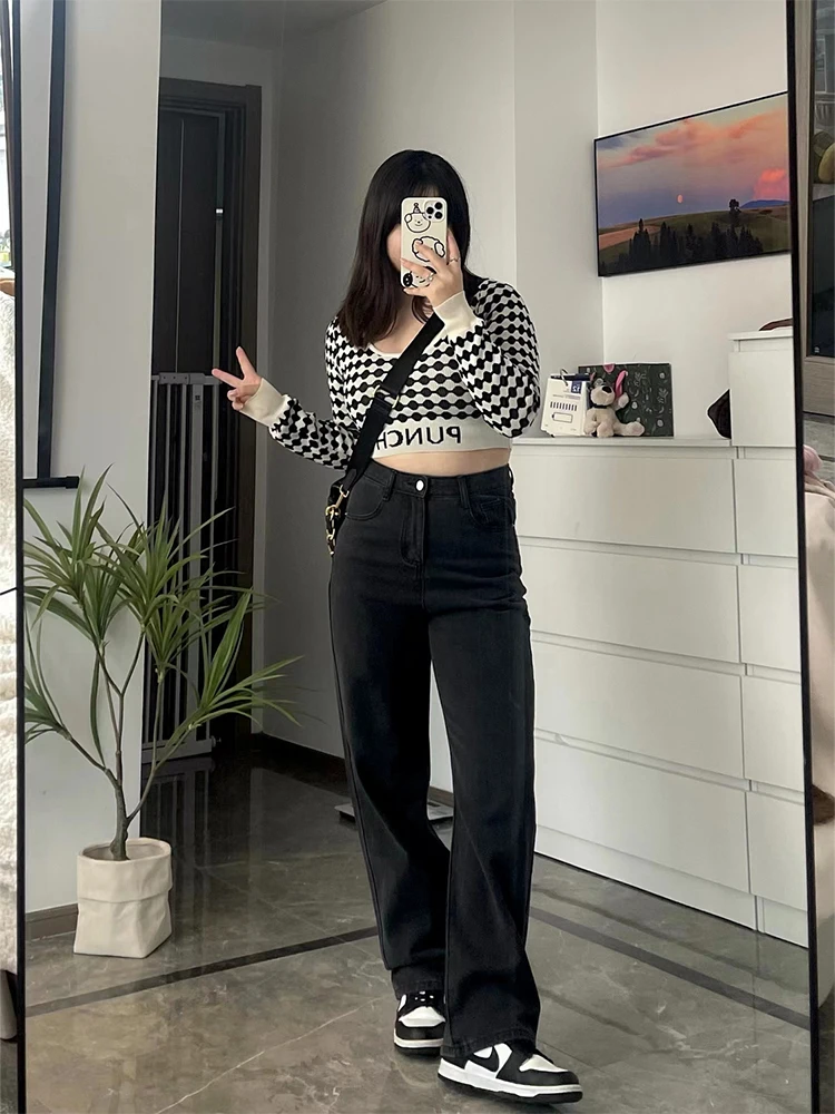 

plus Size Women's Bla Jeans Straight Leg Loose Fit Slimming Wide Leg Pants Spring Autumn High Waist Korean Sle Cotton Blend