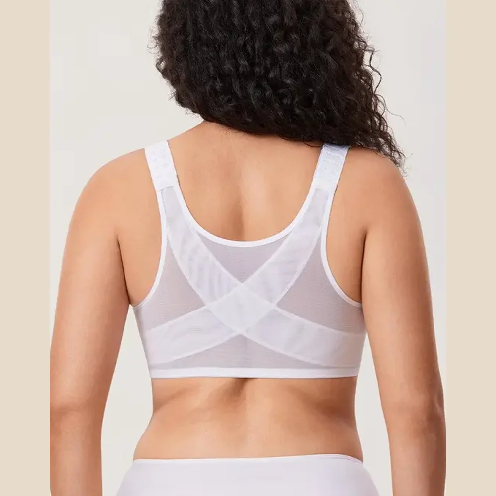 Women Underwire Brassiere Criss Cross Mesh Back Adjustable Wide Straps Full Coverage Anti Sagging Support Shapewear Lingerie