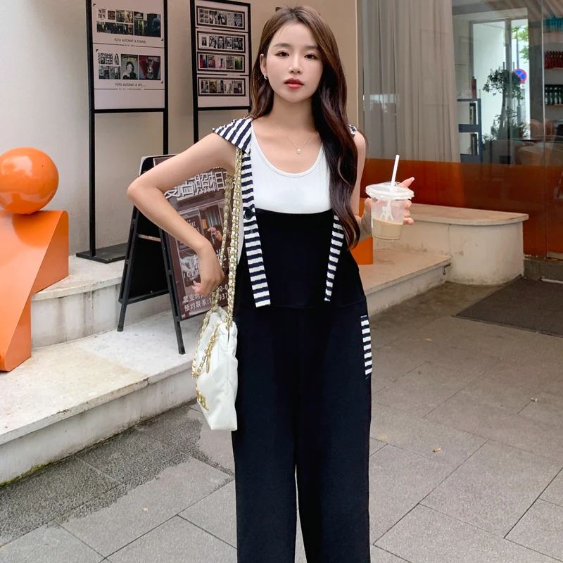 High Waist Striped Patchwork Hooded Bib Overalls Women's Design Sensation Sweet Korean Sle Thin Wide Leg Jumpsuit Pants