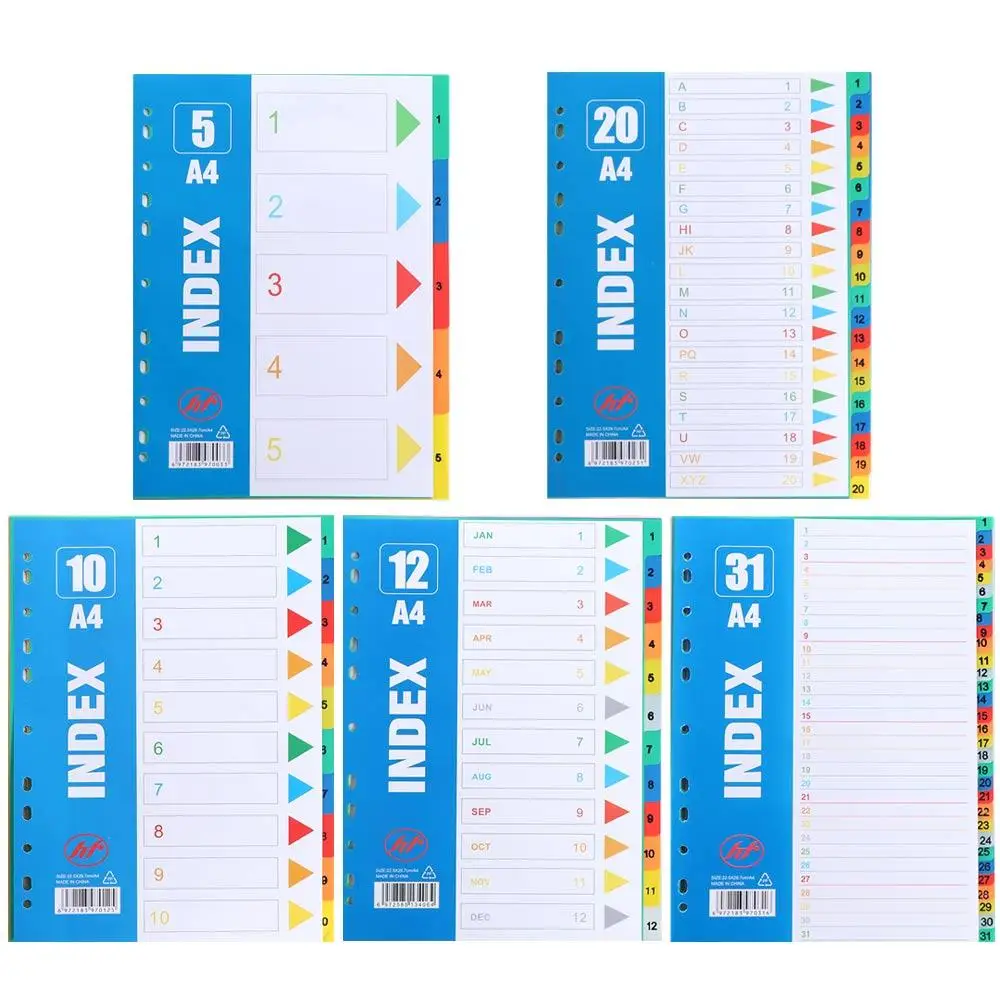 

5/10/12/20/31Pages Index Separator Page PP Material A4 Size Loose-leaf Dividers 11Holes Numbers Binder Dividers Notebook