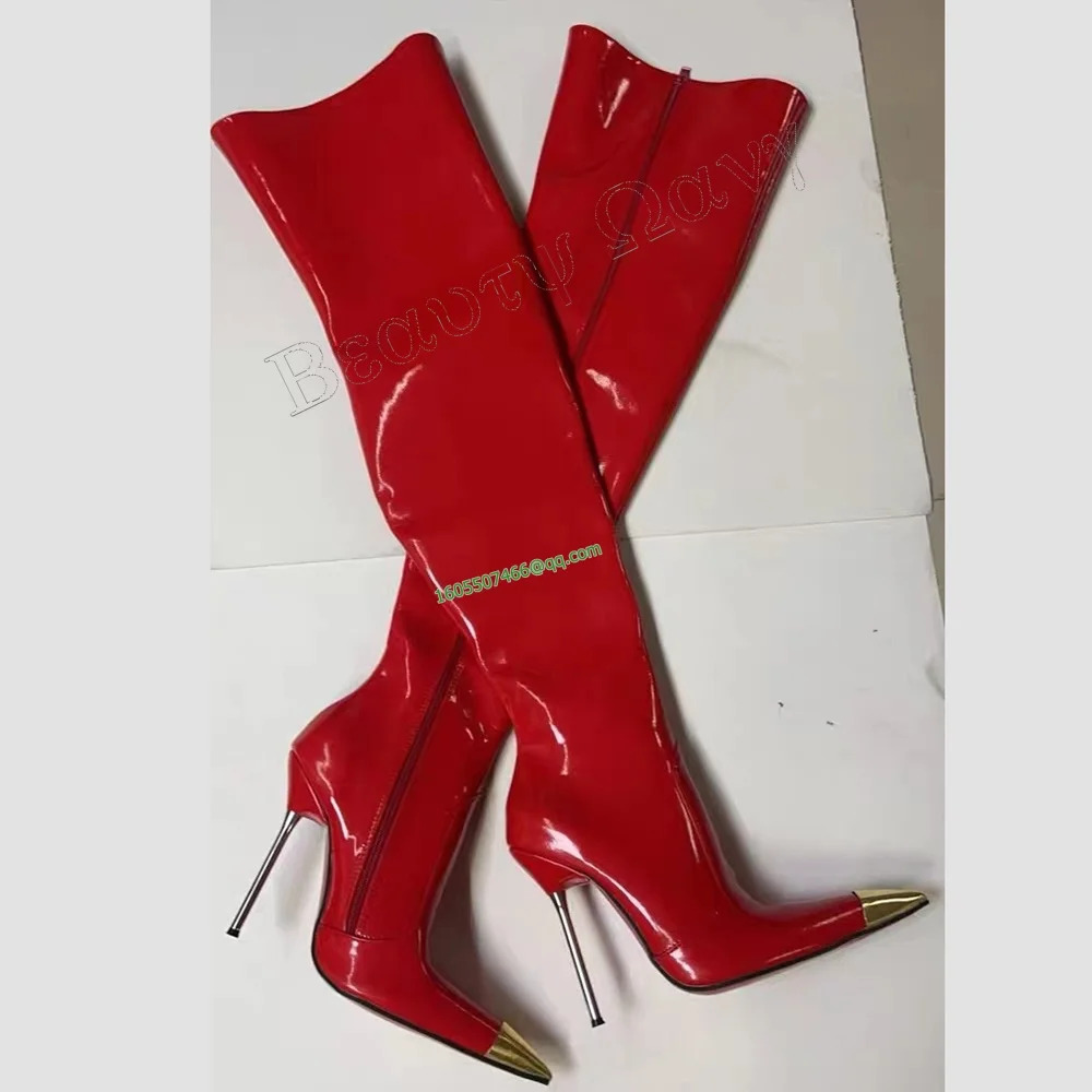 

Red Metal Heel Long Zipper Boots Thigh High Spike Heel Pointed Toe High Shoes for Women High Heels Shoes Zapatos Para Mujere