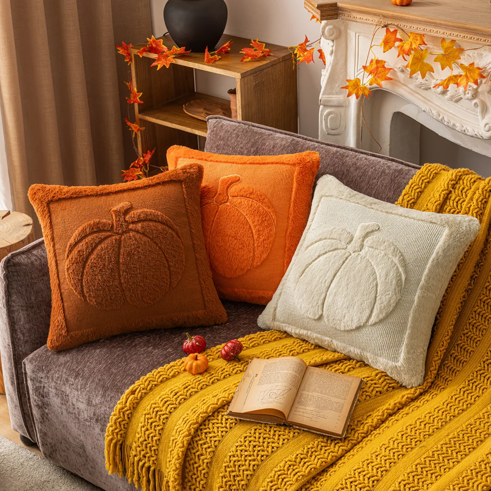

Plush Cushion Cover Harvest Festival Thanksgiving Pumpkin Maple Leaf Embroidery Pillow Case Fall Decor Soft Plush Cozy Sofa Home