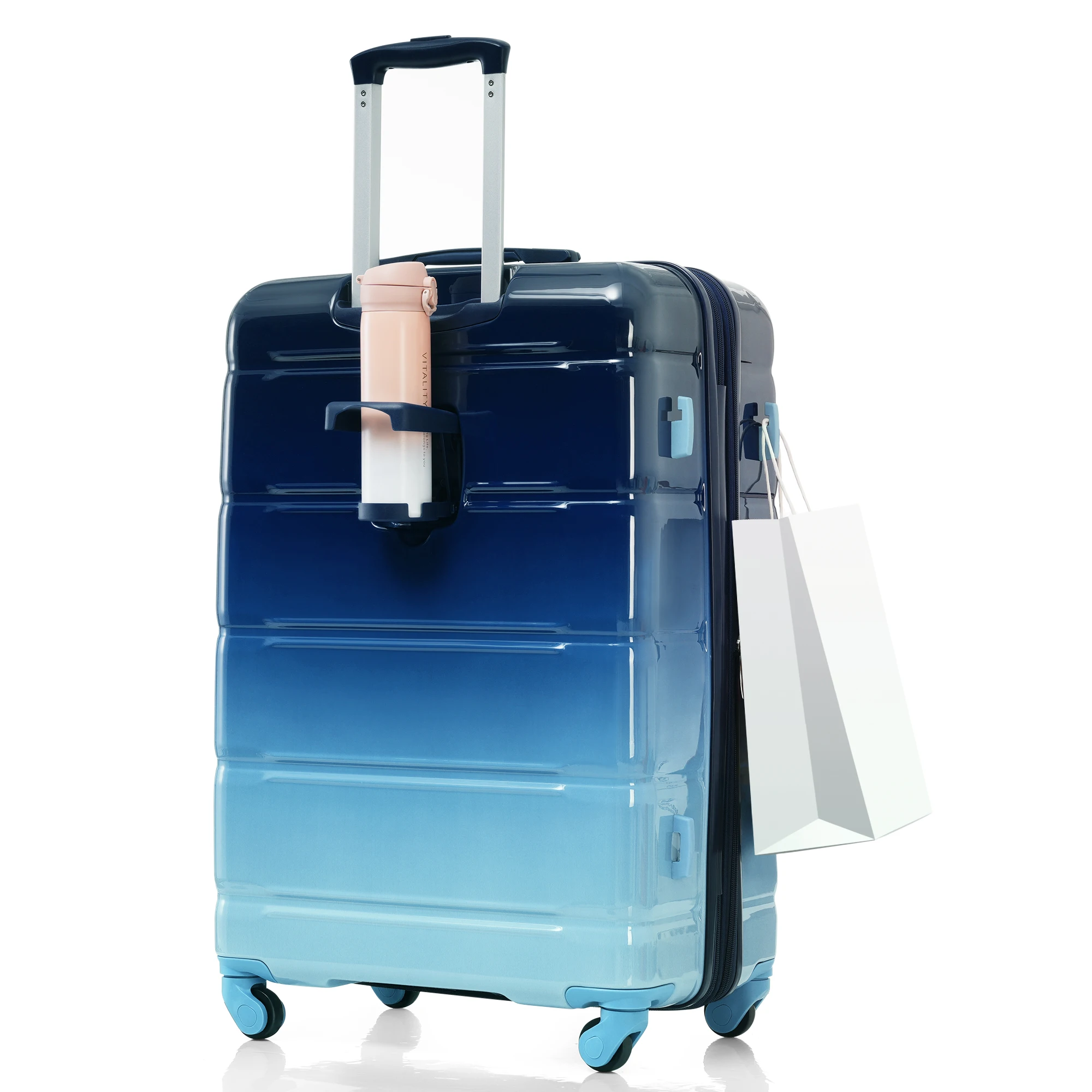 Bagageset van 3, 20 inch met USB-poort, met bekerhouder, ABS+PC-bagage met harde schaal en spinnerwielen, verloopblauw ﻿