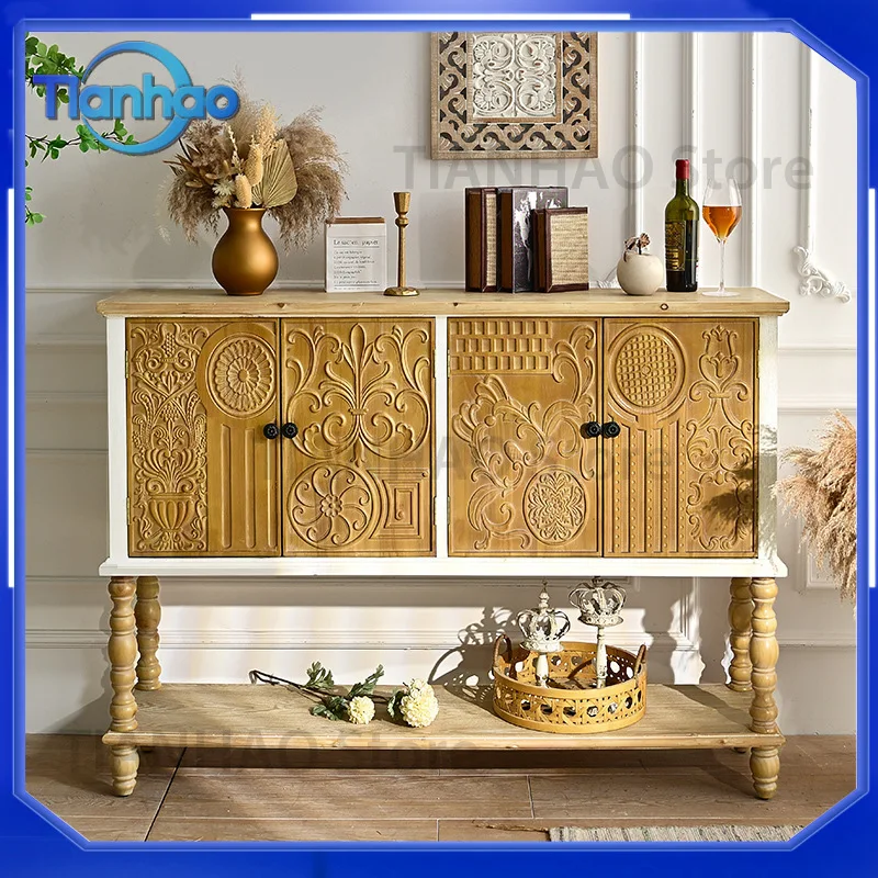 Rubber Wood Engraved Solid Wood Dining Side Cabinet for Living Room Household Use with Removable Feet Four Doors Two Layers