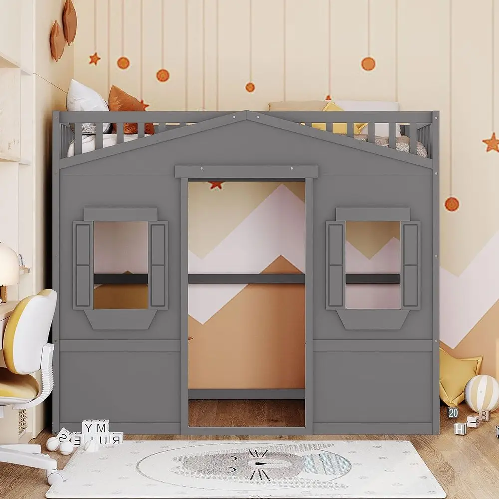 Twin Size Wooden Kids Playhouse Bed with Window and Ladder, Suitable for Boys and Girls, Gray
