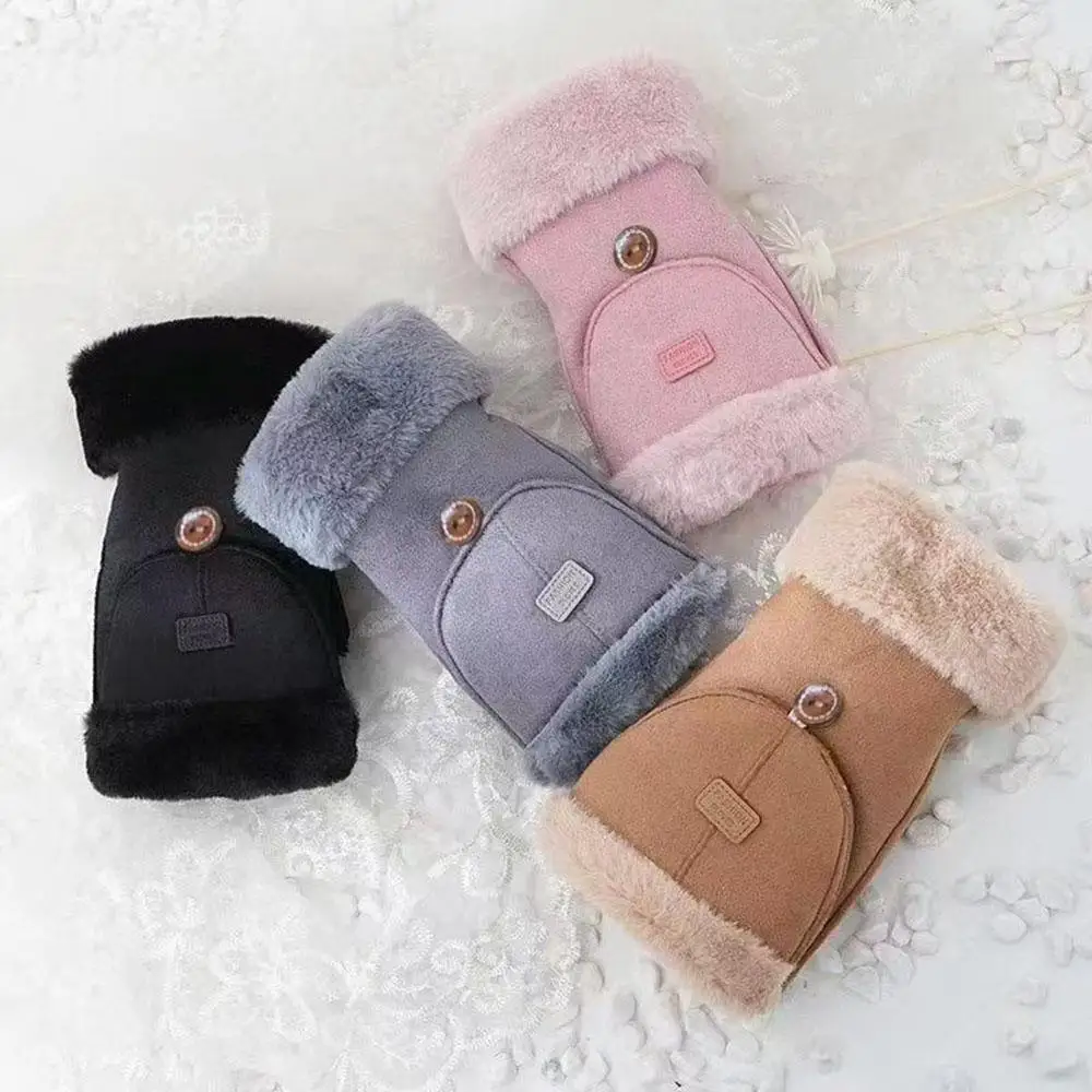 

1 Pairs Suede Warm Half Finger Gloves Wool Winter Lining Half Finger Gloves Warm Flip Cover Writing Student Fingerless Gloves