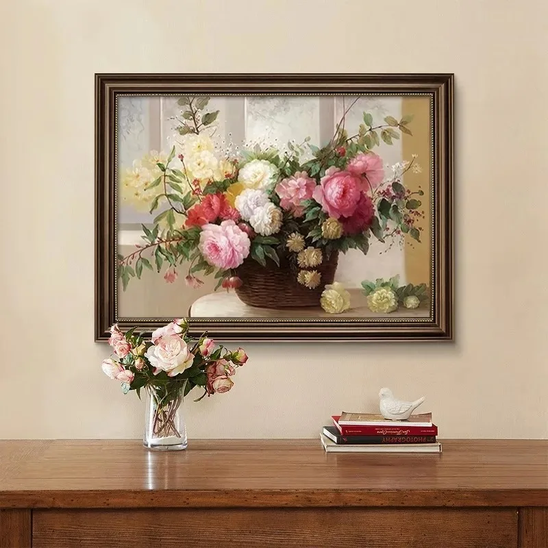 

French restaurant decorative painting retro style peony oil painting living room hanging painting European restaurant mural