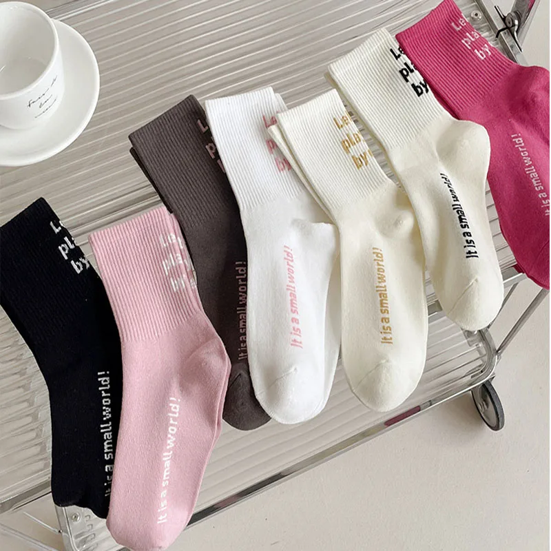 Socks Girls Spring Fall Mid-tube Cotton Socks Ins Trend Letters Solid Color Stockings Spring Sports Student Personality Socks