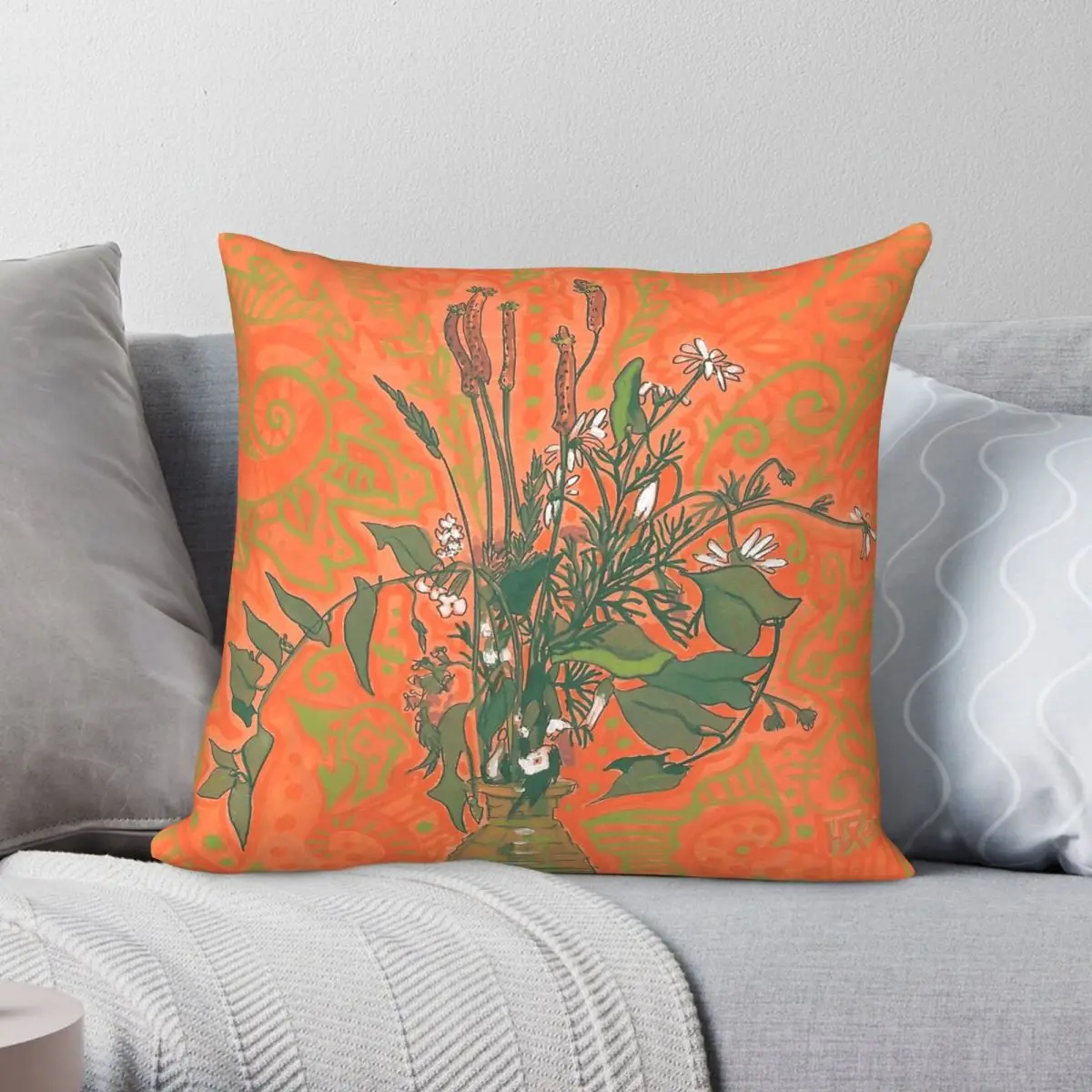 Green & Orange Bouquet Flowers Square Pillowcase Polyester Linen Velvet Printed Zip Decor Room Cushion Cover