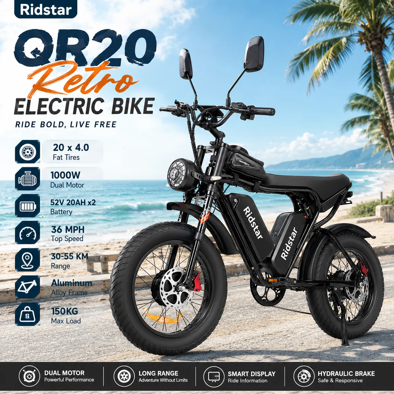 

QR20 Retro electric bike 20x4.0 Fat Tire e bike 1000W Dual Motor 52V 20Ah Dual Battery bike electric with Hydraulic Disc Brakes