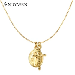 ANDYWEN 925 Sterling Silve Gold Cross Oval Double Pendent Long Chain Necklace Collar 2020 European Rock Punk Thicker Big Jewelry