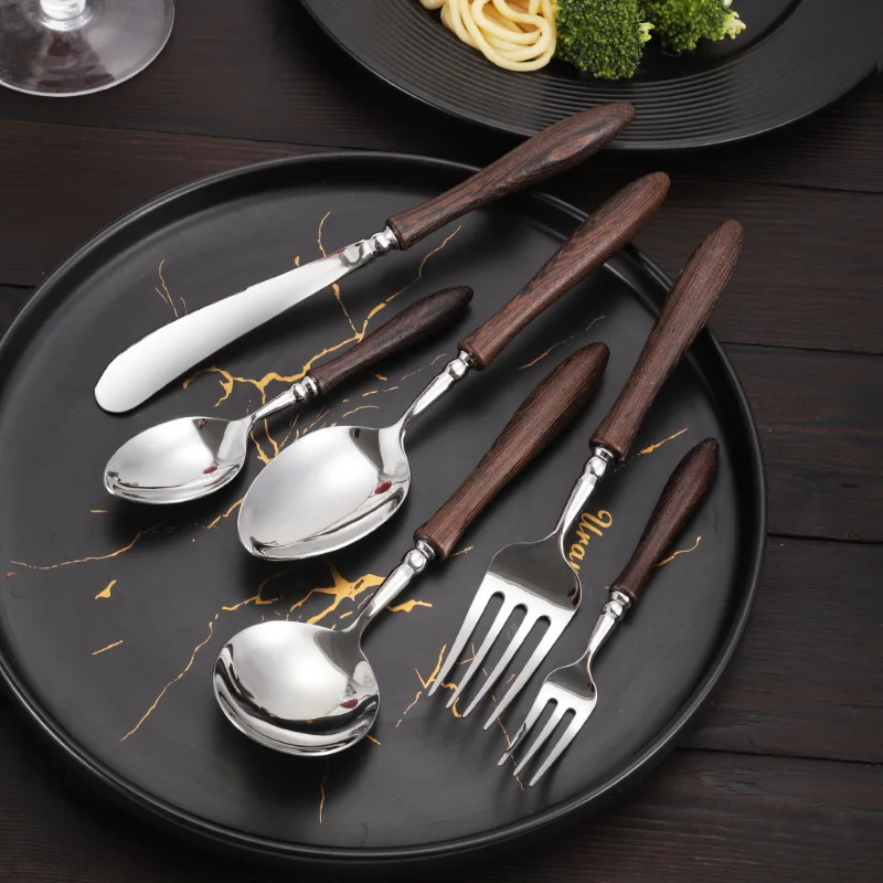 1/6pcs  Stainless Steel Western tableware set  Wenge Handle Steak knife Soup spoons Dessert spoons Fruit salad forks dinnerware