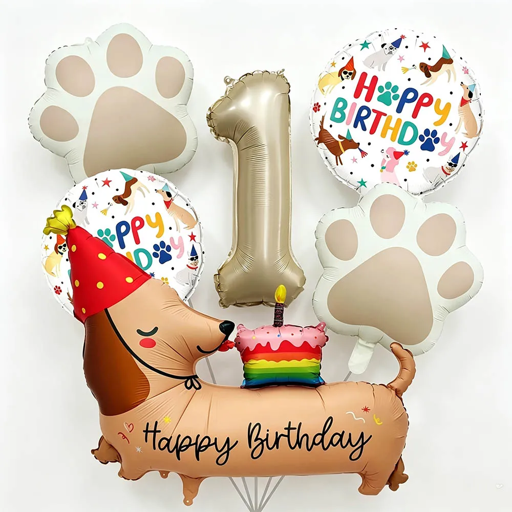 6PCS Birthday Cake Dachshund Dog Paw Balloon Happy Birthday Cartoon Animal Themed Party Decor Festival Photography Props Gifts