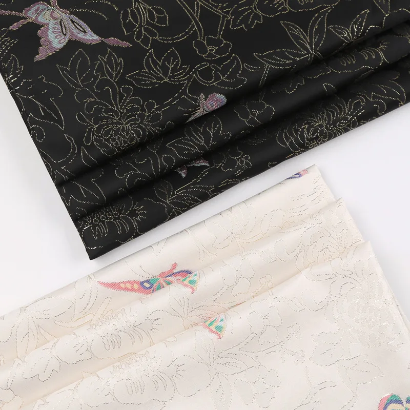 

Jacquard fabric butterfly love flower white brocade weaving gold ancient Hanfu cheongsam Tang suit